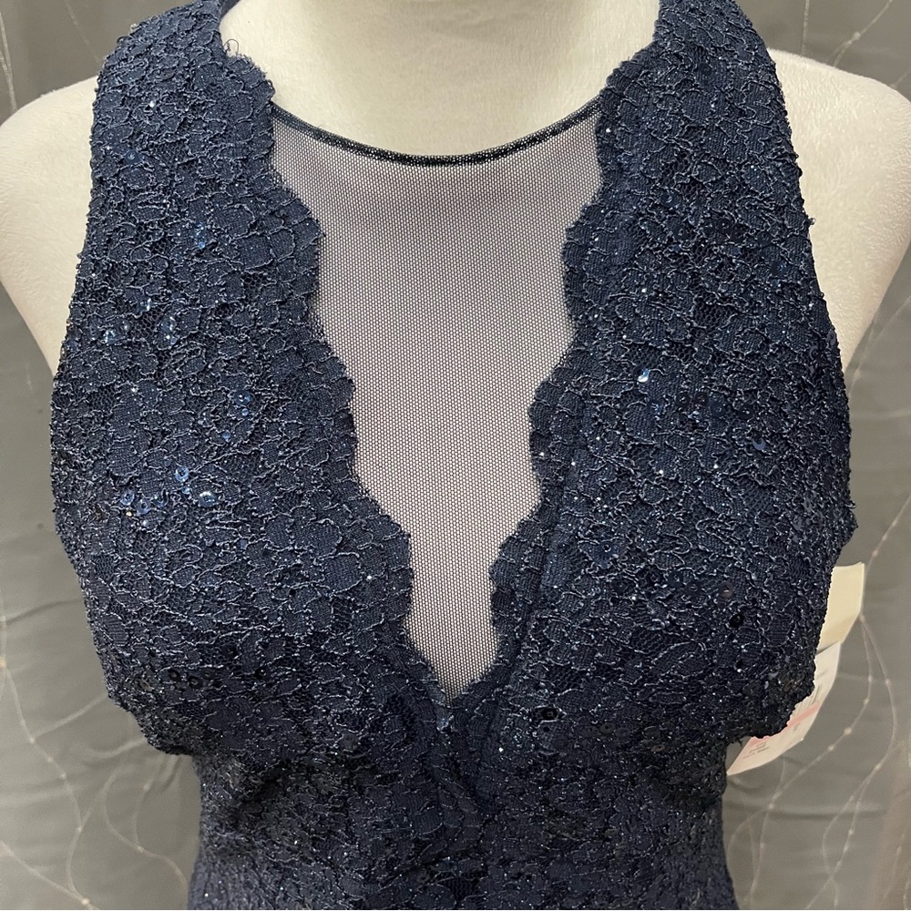 Nightway Dark Blue Sequin Dress 34” Illusion Net Neckline Lined Formal Wedding - Picture 4 of 14